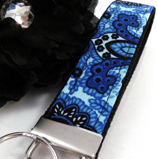 Key Fob in Blue and Black Floral