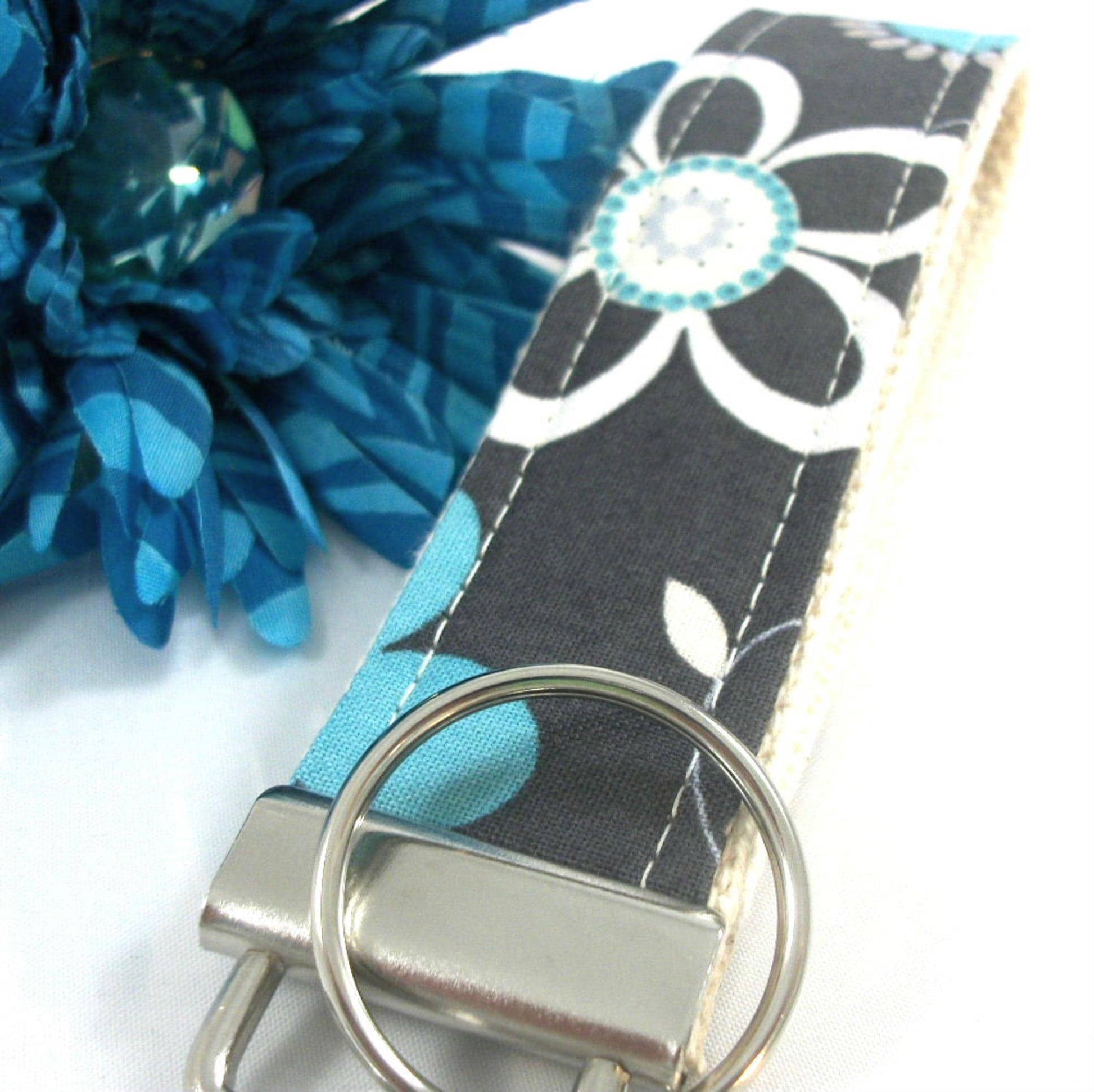 Funky Floral Keyfob in Grey and Turquoise