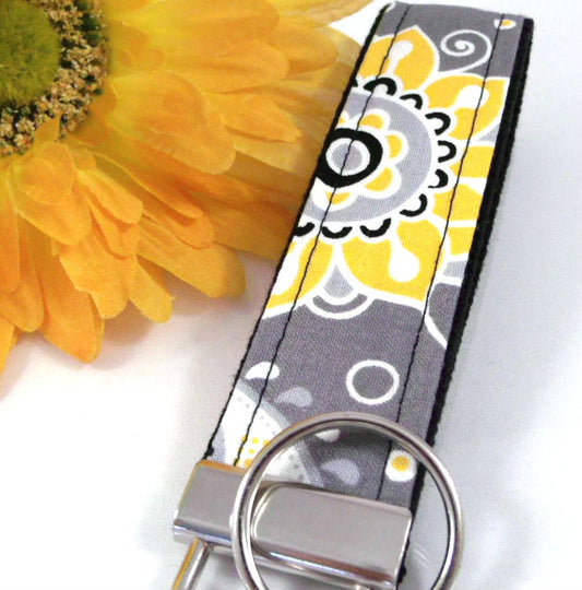 Handmade Boho Keychain, Grey Wristlet Key Fob Floral Fabric, College Graduation Gift for her, Expecting Mom Gift