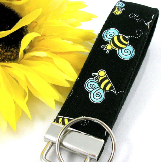 Handmade Wristlet Keychain in Bumble Bee Fabric, College Graduation Gift for her, I Miss You Gift, Mom Gift from Son