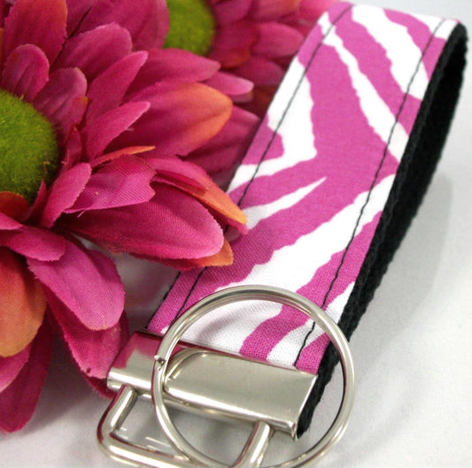 Pink Zebra Print Wristlet Keychain, Cute Animal Print Keychain, Zebra Stripe Key Fob, Nurse Graduation Gift