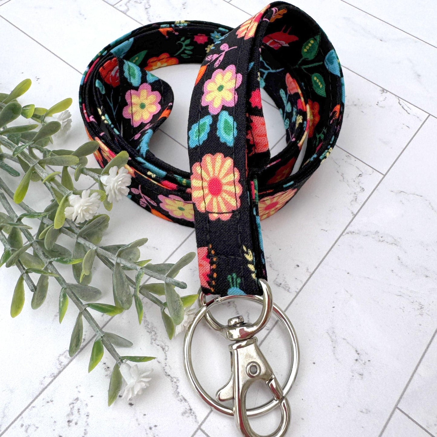 Black Floral Lanyard for Work Badge, Work Lanyard, Lanyard for Teacher, Cute Lanyard, Gift For Coworker, Lanyard for Women, Black Lanyard