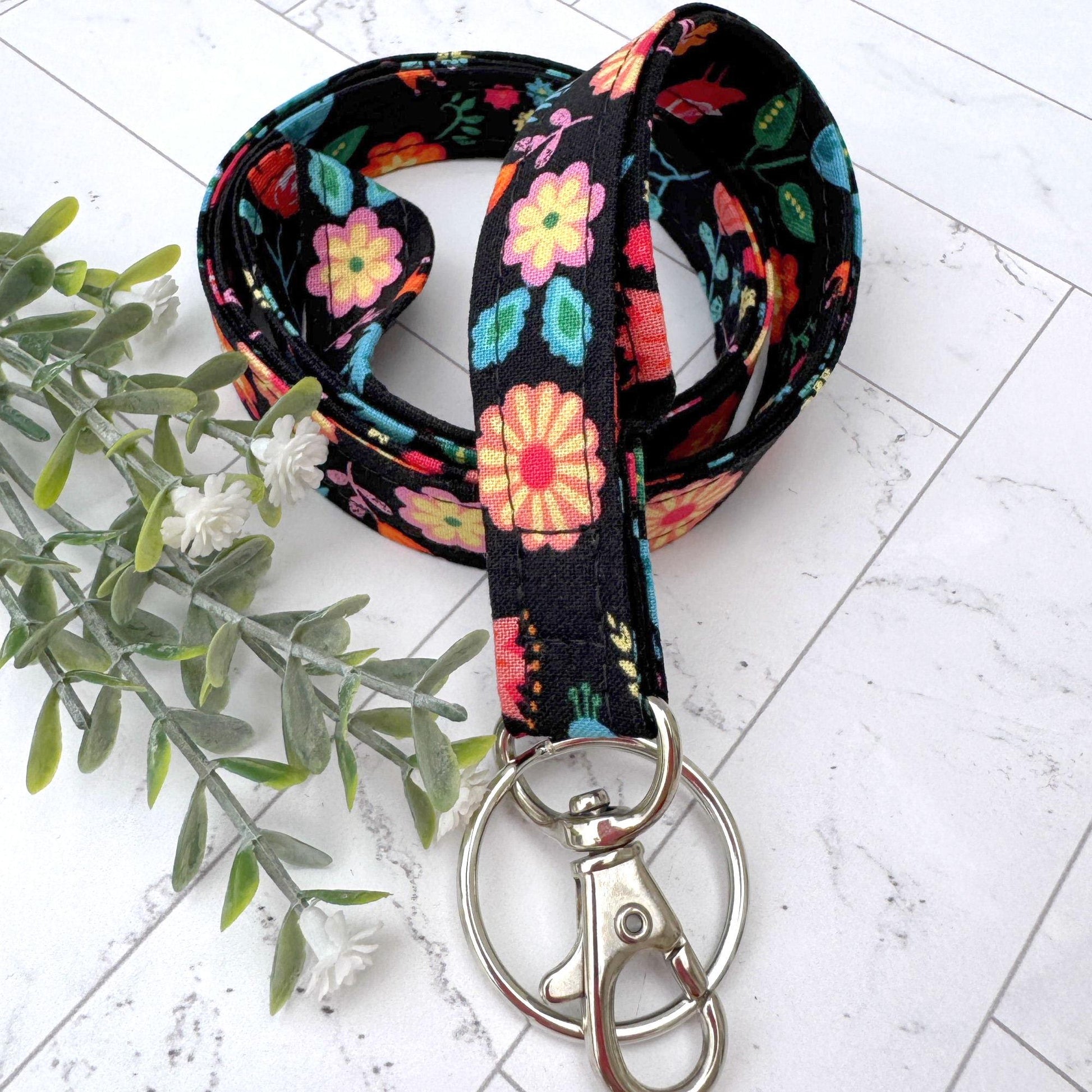 Black Floral Lanyard for Work Badge, Work Lanyard, Lanyard for Teacher, Cute Lanyard, Gift For Coworker, Lanyard for Women, Black Lanyard