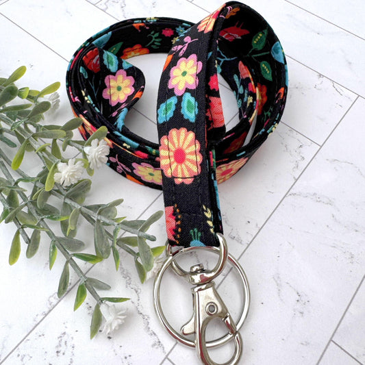Black Floral Lanyard for Work Badge, Work Lanyard, Lanyard for Teacher, Cute Lanyard, Gift For Coworker, Lanyard for Women, Black Lanyard