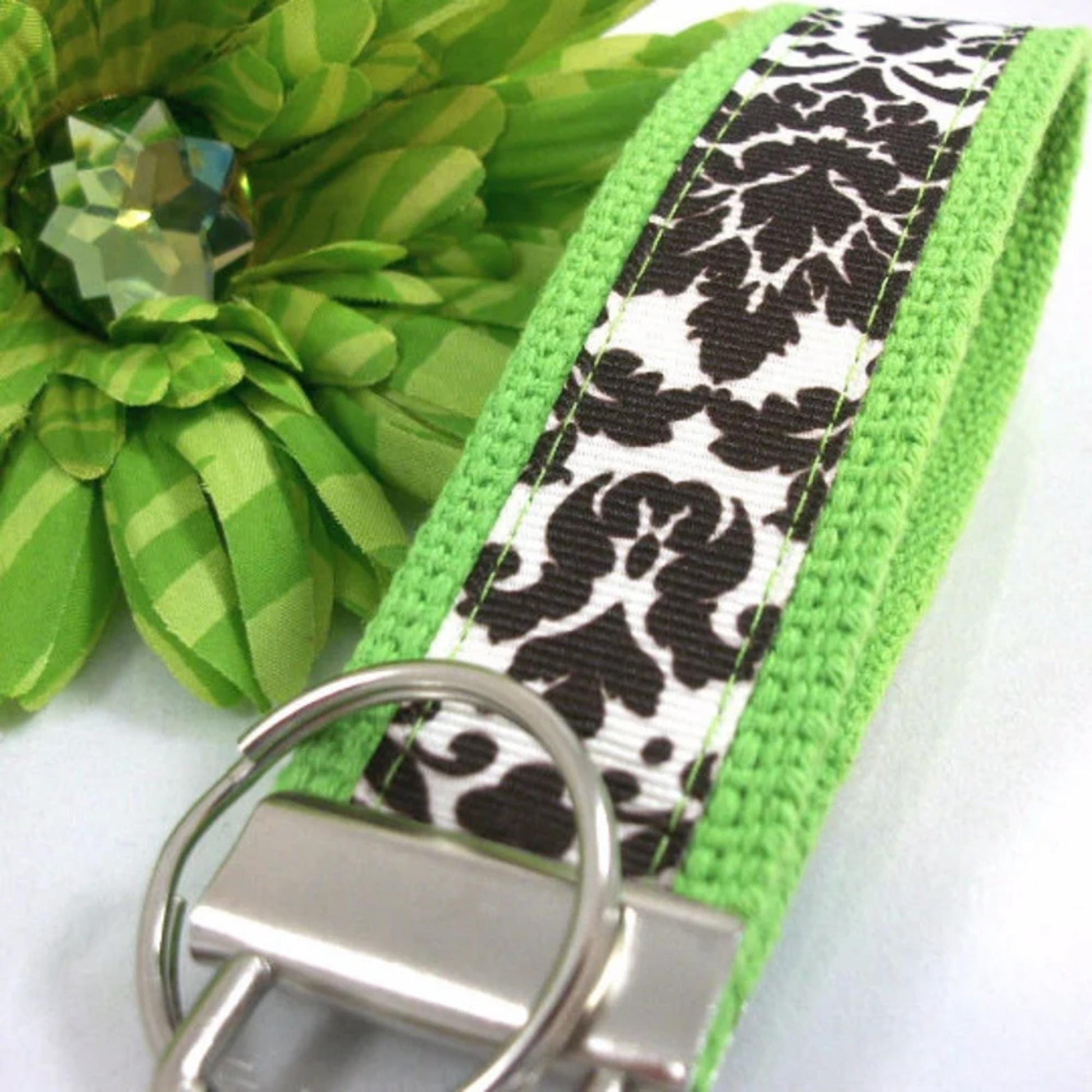 Handmade Ribbon Keychain in Floral Damask, Floral Wristlet Keychain, College Graduation Gift for her, Mom Gift from Son