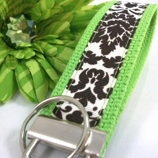 Handmade Ribbon Keychain in Floral Damask, Floral Wristlet Keychain, College Graduation Gift for her, Mom Gift from Son
