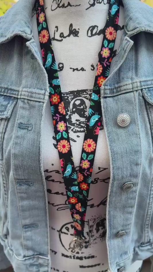 Black Floral Lanyard for Work Badge, Work Lanyard, Lanyard for Teacher, Cute Lanyard, Gift For Coworker, Lanyard for Women, Black Lanyard