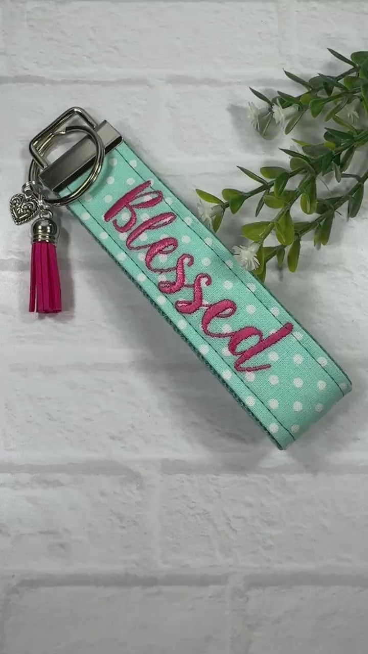 Blessed Embroidered Keychain Key Fob Tassel Charm