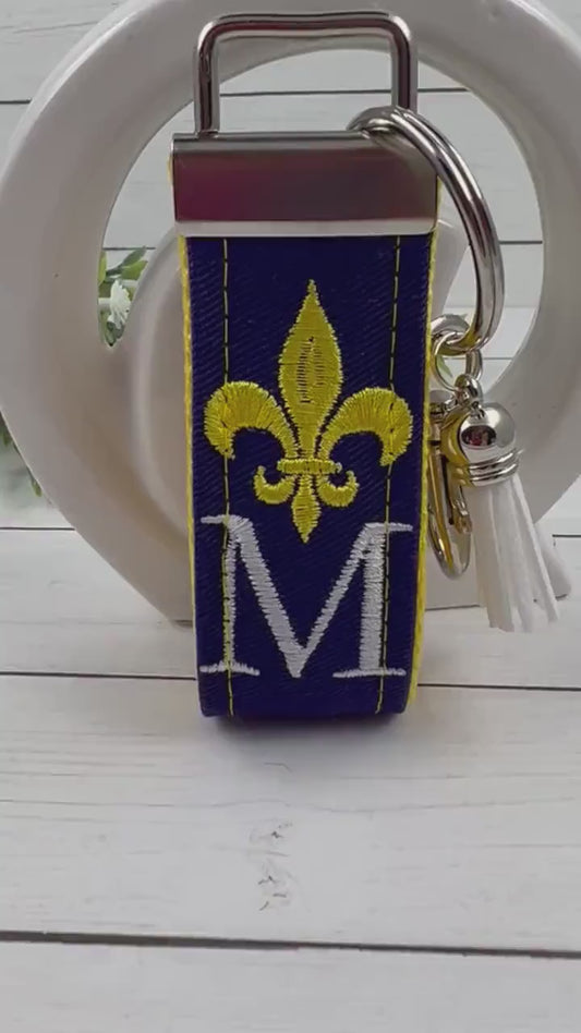 Fleur De Lis Keychain, Fleur De Lis Gifts, Initial Keychain, Purple Keychain, Personalized Keychain, Luggage Tag, Embroidered Keychain