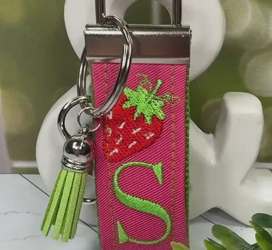 Strawberry Keychain, Embroidered keychain, Strawberries Gifts, Initial Keychain, Letter Keychain, Girls Weekend Gift, Fruit Keychain