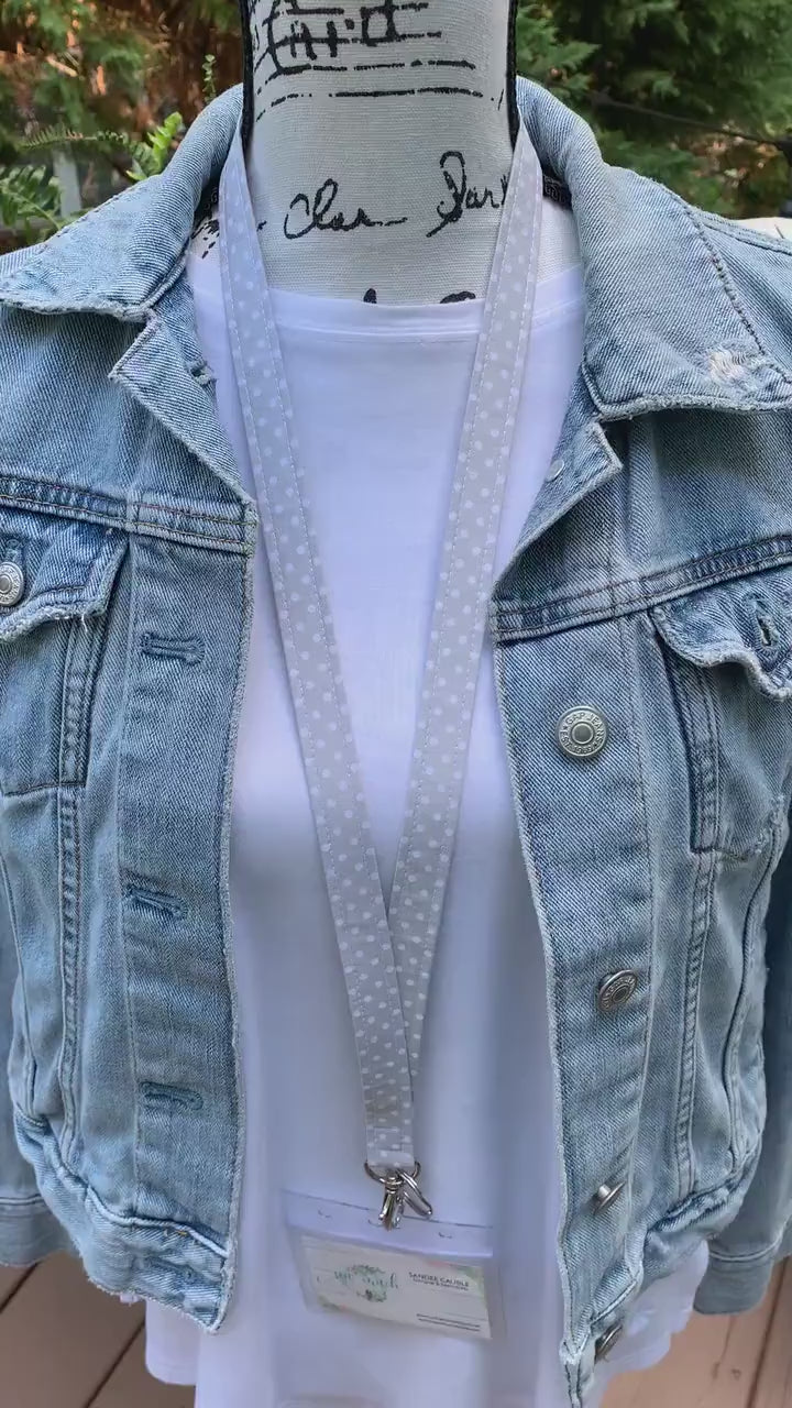 Handmade Polka Dot Lanyard, Cute Lanyard with ID holder, Popular Right Now, Teacher Lanyard with ID holder, Gray Lanyard, Librarian Gifts