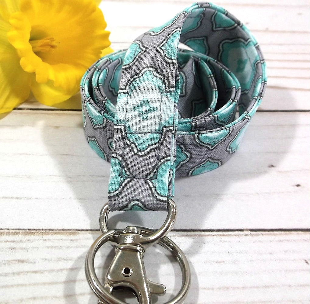 Aqua and Gray Raindrops Fabric Lanyard Gift for Teachers, Nurses