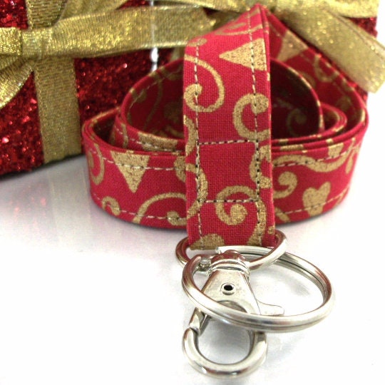 Christmas Lanyard with Gold Hearts and Scrolls