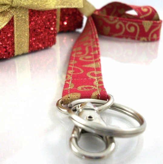 Christmas Lanyard with Gold Hearts and Scrolls