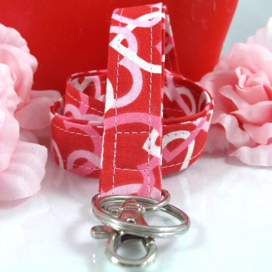 Fabric Lanyard with Valentines Day Hearts Red Pink