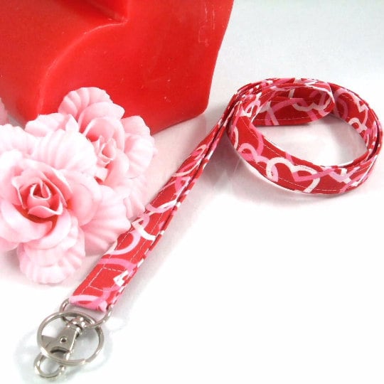 Fabric Lanyard with Valentines Day Hearts Red Pink