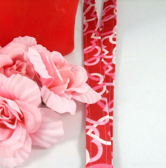 Fabric Lanyard with Valentines Day Hearts Red Pink