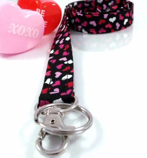 Fabric Lanyard with Valentine Hearts Black Red Pink