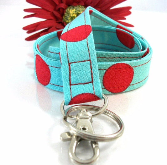 Key Lanyard in Retro Turquoise Red Polka Dots