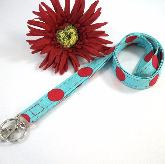 Key Lanyard in Retro Turquoise Red Polka Dots