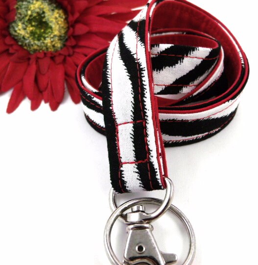 Black and White Zebra Stripes Fabric Lanyard Red