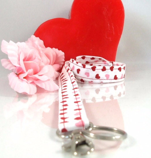 Fabric Lanyard with Valentines Day Hearts Red Pink