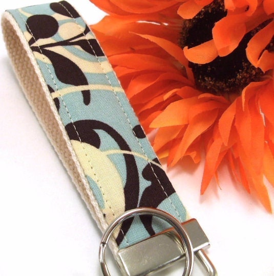 Wristlet Keychain Key Fob KEYLETTE....Nouveau Plum and Aqua Floral Dots