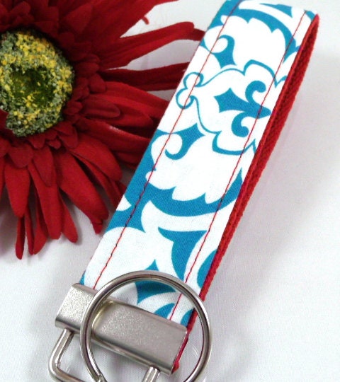 Damask Key Fob in Turquoise and Red
