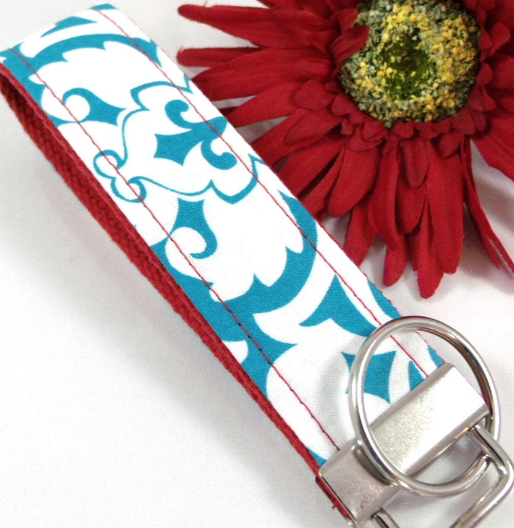 Damask Key Fob in Turquoise and Red