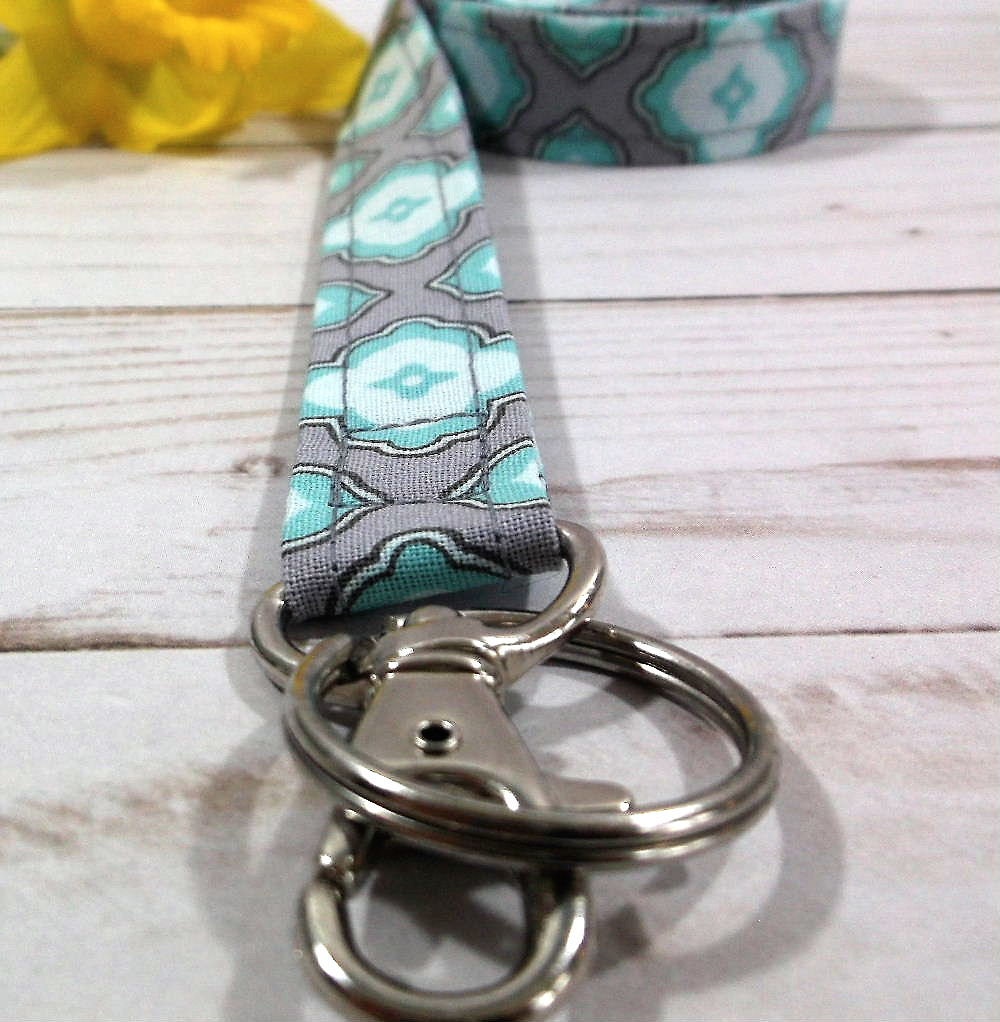 Aqua and Gray Raindrops Fabric Lanyard Gift for Teachers, Nurses