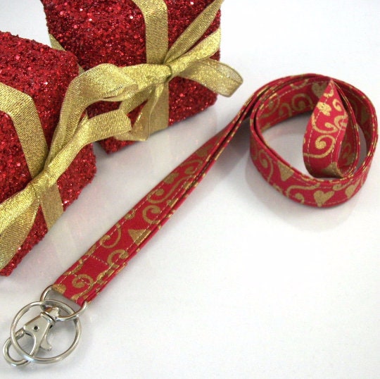 Christmas Lanyard with Gold Hearts and Scrolls