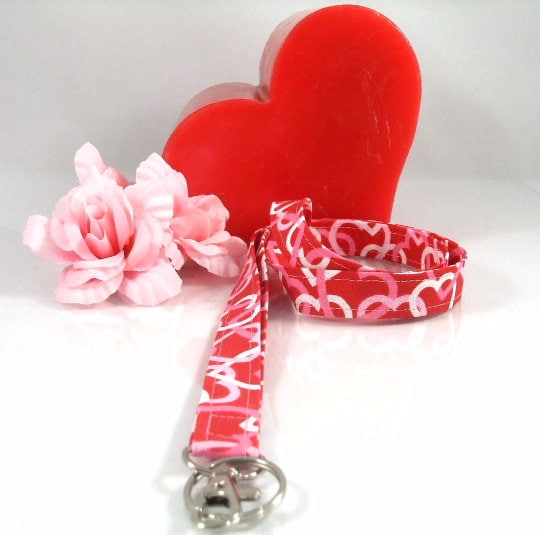 Fabric Lanyard with Valentines Day Hearts Red Pink