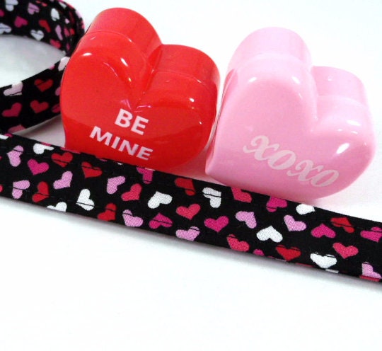 Fabric Lanyard with Valentine Hearts Black Red Pink