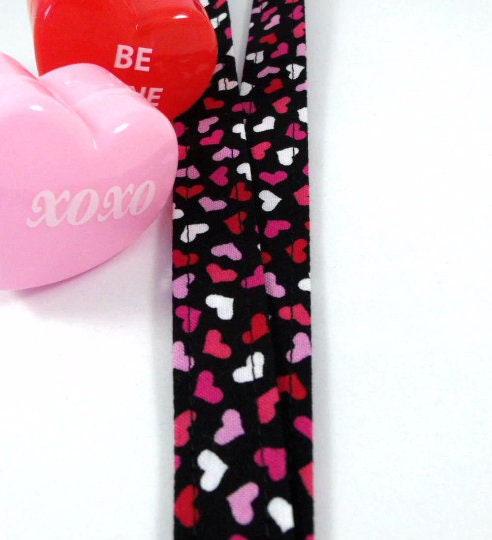 Fabric Lanyard with Valentine Hearts Black Red Pink