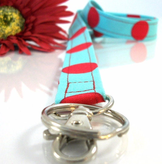 Key Lanyard in Retro Turquoise Red Polka Dots
