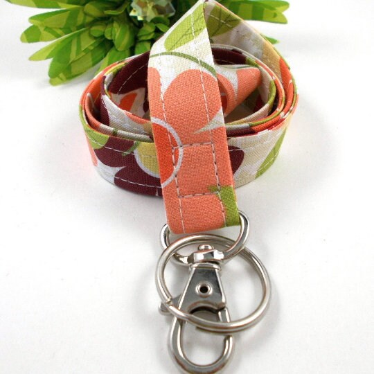 Key Lanyard with Retro Flowers Sweet Bird Tangerine