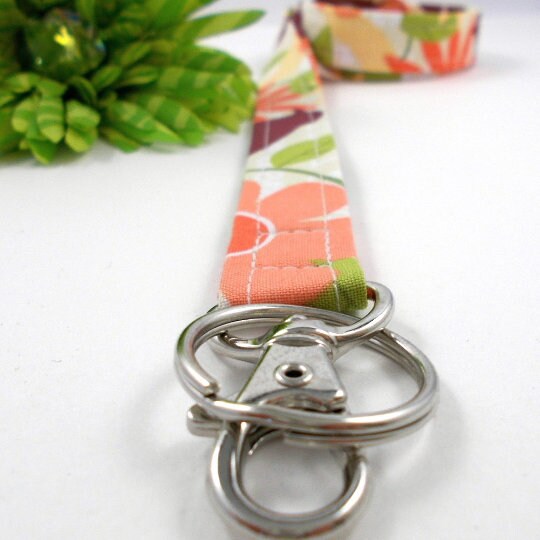 Key Lanyard with Retro Flowers Sweet Bird Tangerine