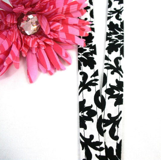 Fabric Lanyard ID Badge in Damask Black White