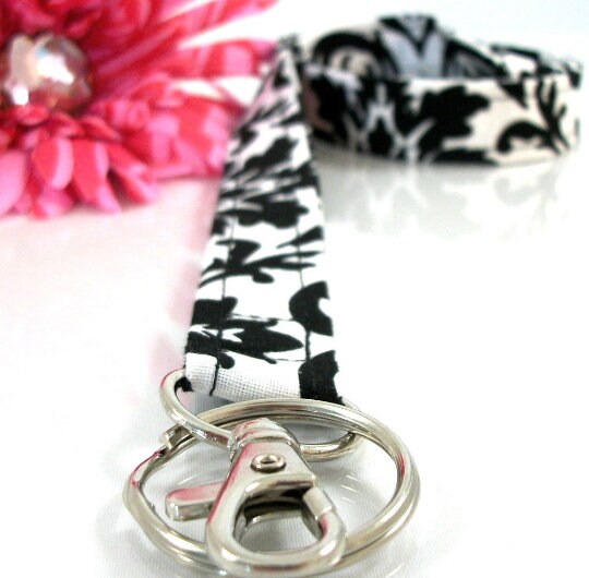 Fabric Lanyard ID Badge in Damask Black White