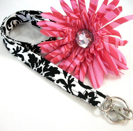 Fabric Lanyard ID Badge in Damask Black White