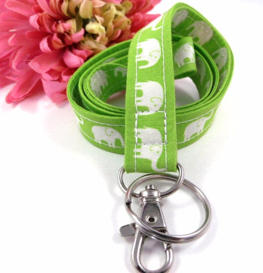 Lime Green Elephant Fabric Lanyard