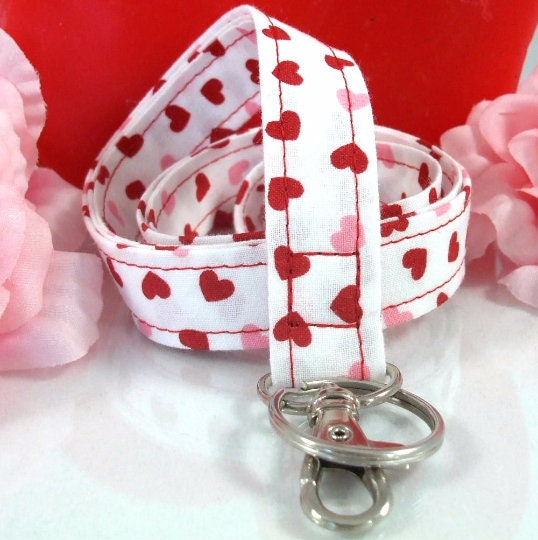 Fabric Lanyard with Valentines Day Hearts Red Pink