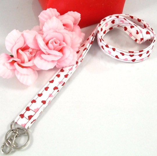 Fabric Lanyard with Valentines Day Hearts Red Pink