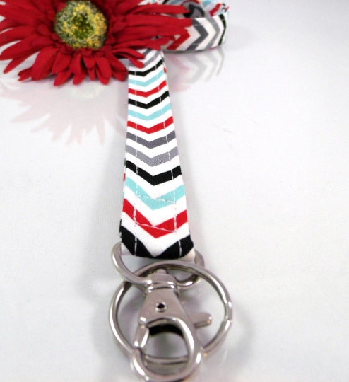 Red Grey Aqua Chevron Lanyard