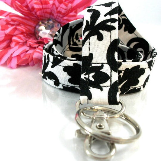 Fabric Lanyard ID Badge in Damask Black White