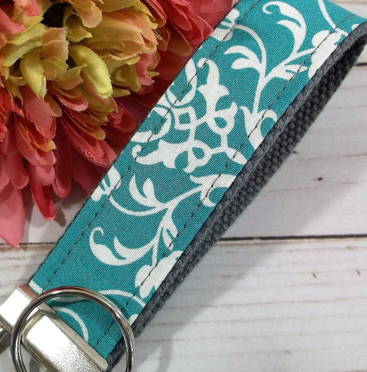 Damask Key Fob in Teal and White