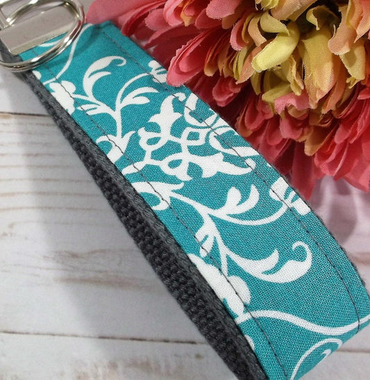 Damask Key Fob in Teal and White