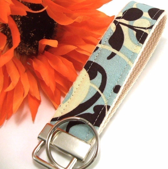 Wristlet Keychain Key Fob KEYLETTE....Nouveau Plum and Aqua Floral Dots