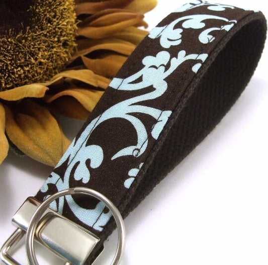 Powder Blue Brown Boho Floral Keylette